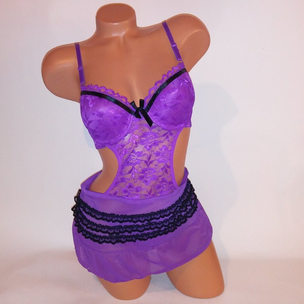 Rampage Lingerie Set Babydoll & Panty Small Purple Black Lace Apron Style New